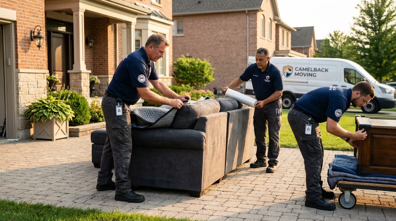 Large estate moving crew wrapping furniture in Leland, MI