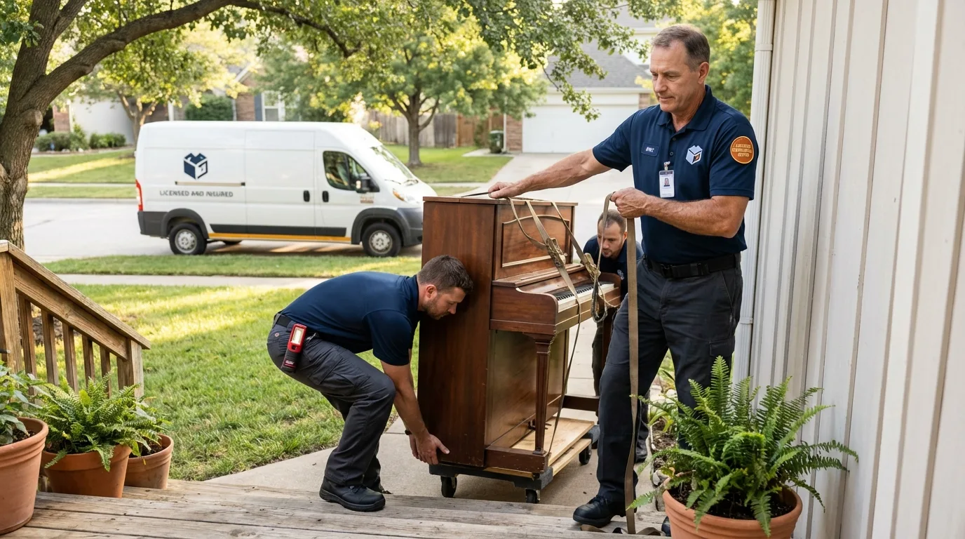 Licensed piano movers securing grand piano in Leland, MI
