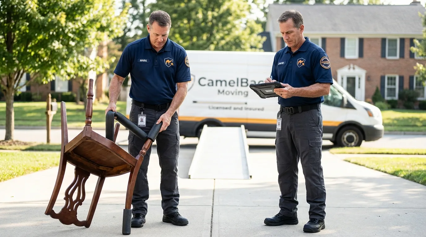 Movers inspecting furniture for damage prevention before loading in Leland, MI