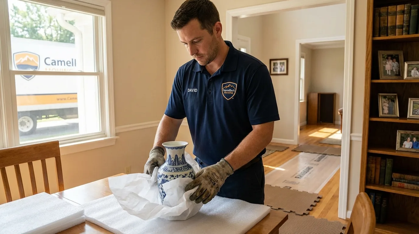Professional crew carefully wrapping antique vase for senior downsizing move in Leland, MI